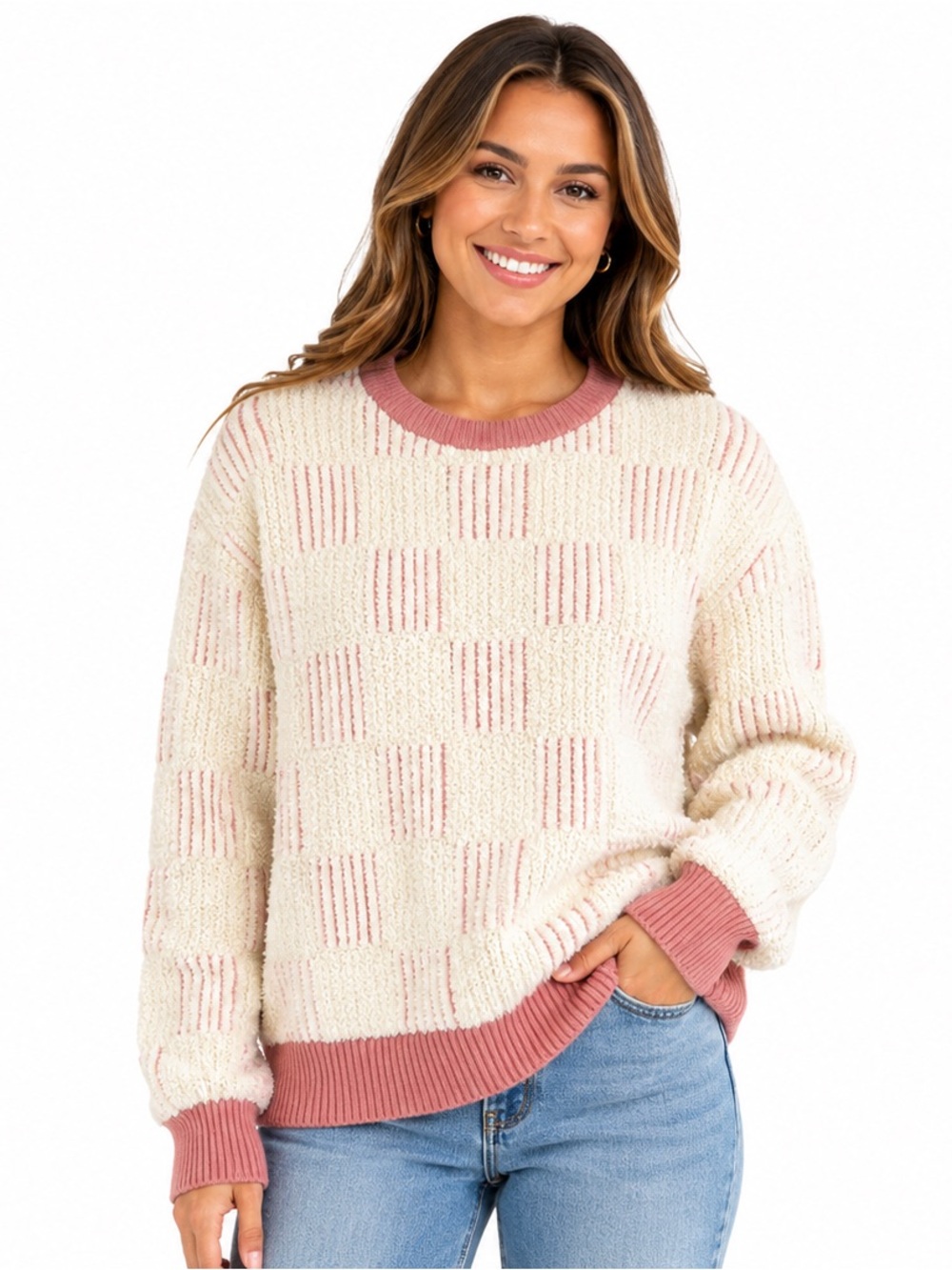 Bearpaw Women’s XXL Cream & Dusty Pink Chenille Cozy Oversized Sweater